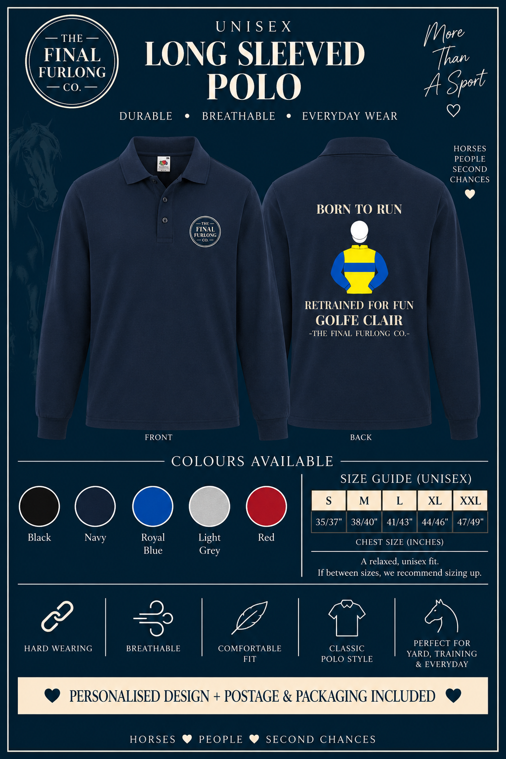 Personalised Ex-Racehorse Unisex Long Sleeve Polo